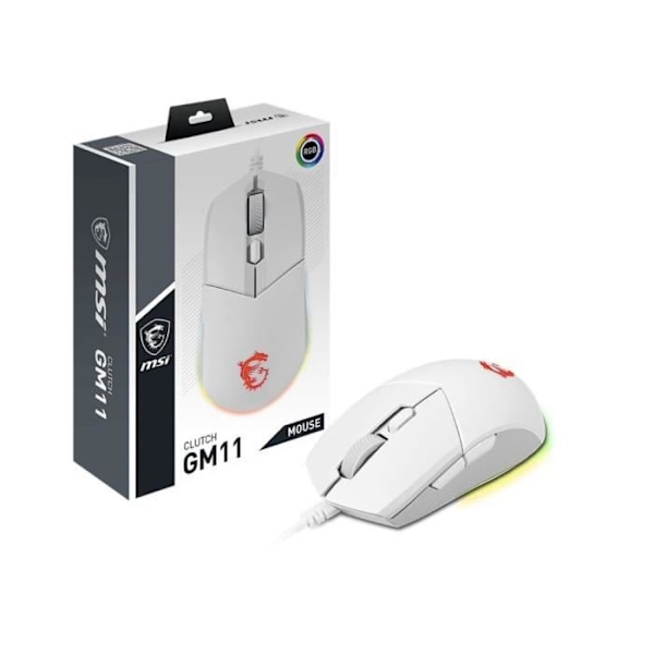 Kablet gaming mus - MSI - CLUTCH GM11 WHITE - PMW-3325 5000 DPI optisk sensor - RGB-belysning Vit