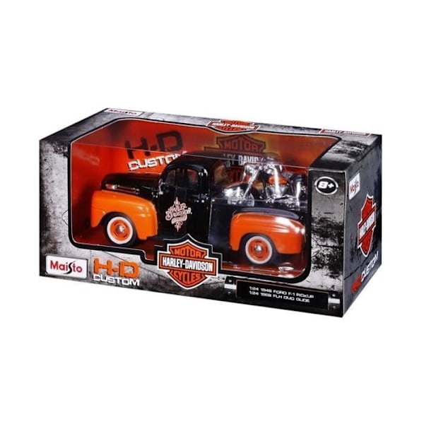 Miniature køretøj - MAISTO - Ford F-1 Pick-Up 1948 + Motorcykel - Orange Orange