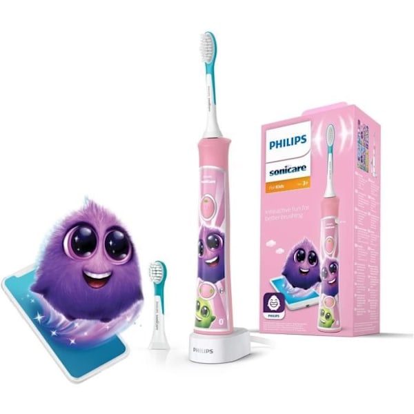 PHILIPS SONICARE HX6352/42 tilsluttet elektrisk tandbørste til børn (2 tilstande 3+ og 7+ - Pink) + 2 børstehoveder Farve(r): Pink