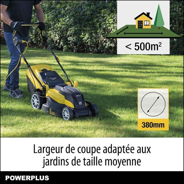 Elektrisk Plæneklipper POWERPLUS POWXG6251 - 1600 W, 380 mm Ø, Opsamling, Mulching og Bagudkast sort