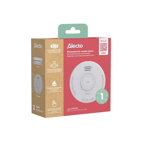 Röksensor - ALECTO - Fotoelektrisk - Larm 85 dB - Testknapp - Enligt EN14604 Vit