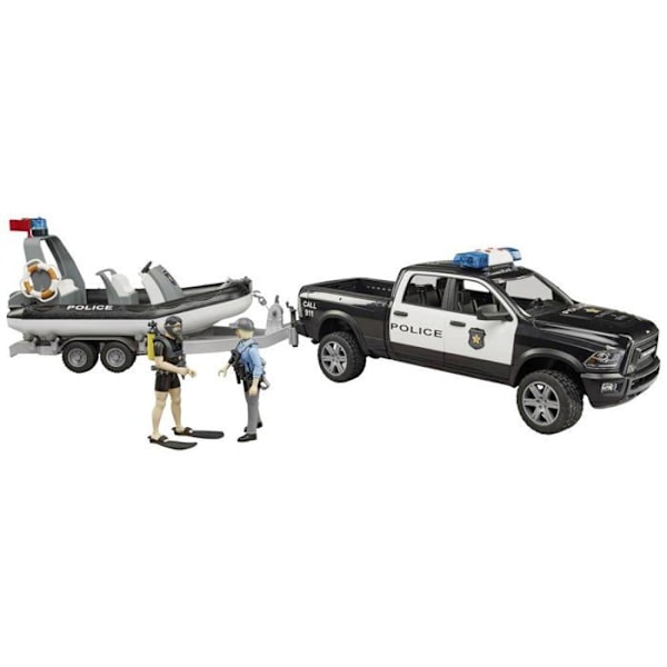 RAM 2500 poliisin pickup L + S -moduulilla, perävaunu, vene, poliisinainen ja sukeltaja - Bruder Hvid, sort, rød, blå