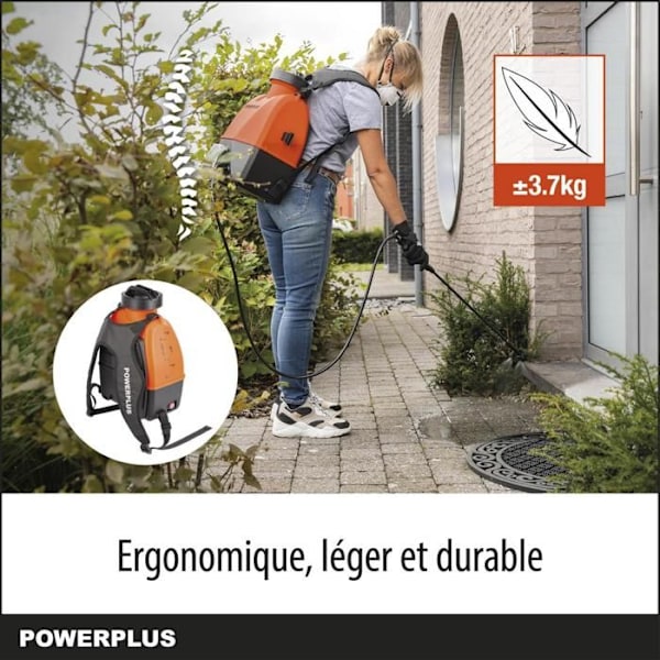 Powerplus Dual Power Batteridrevet Sprøjte POWDPG80460 - 20 V, Tryk på 6 Bar, Flow på 1500 ml/min, Kapacitet 16L, 4 Dysser orange