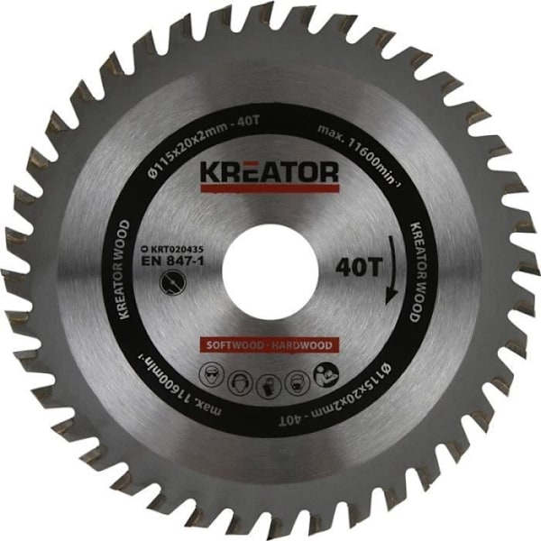 KREATOR KRT020435 cirkelsågblad för trä - 115x15x1,3mm - 40 tänder - Maximal hastighet 11600 varv/min