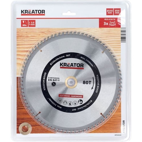 Sahanterä - KREATOR - KRT020426 - Halkaisija 250 mm - Holkki Ø 30 mm - 80 hammasta