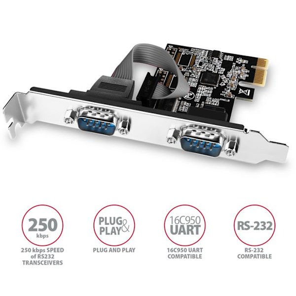 PCIe-adapter - Axagon - PCEA-S2N - 2 serielle porte - ASIX AX99100 - Hvid farve
