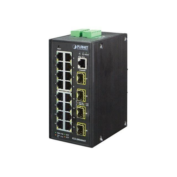 PLANET IGS-20040MT Managed Switch 16 x 10-100-1000 + 4 x Gigabit SFP DIN kiskoteline, seinäkiinnitys 24 V AC - 12 72 V…