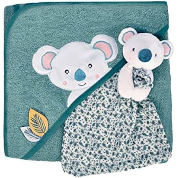 Cape de Bain Baby - DOUDOU ET COMPAGNIE - Model YOCA Koala - Soft Cotton - 80x80 cm - Blue and Green Cape de Bain + Doudou Koala