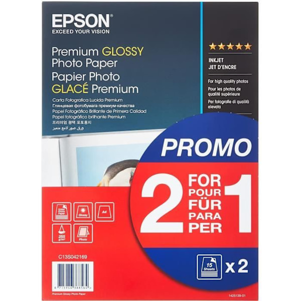 Ensiluokkainen kiiltävä valokuvapaperi - EPSON - A4 - 255g/m2 - 2x15 arkkia