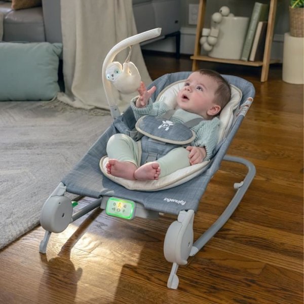 INGENUITY Transat til baby, sammenklappelig, mavemassage - Parker, fast position eller vippe, vibrationer, melodier og aftagelige aktivitetsbuer grå