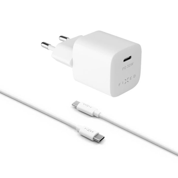 FAST mininetværksoplader med USB-C-udgang og USB-C-USB-C kabelsæt, PD-understøttelse, 1 meter, 30W, hvid