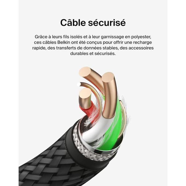 Flätad kabel - BELKIN - USB-C till USB-A - 1 m - Svart Svart