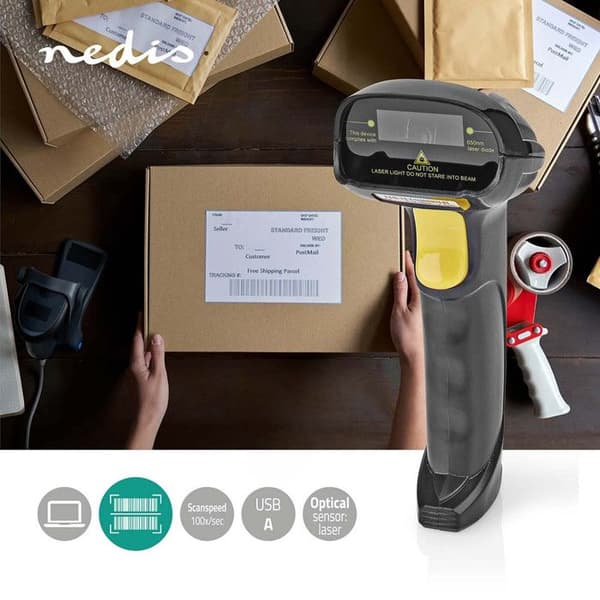 Streckkodsläsare - NEDIS - Trådad - USB - Laser - 1D