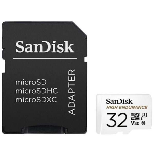SanDisk - Kestävä microSDHC-kortti videovalvontaan + SD-sovitin, 32 Gt, 100 MB/s lukunopeus 40 MB/s kirjoitus, U3, V30