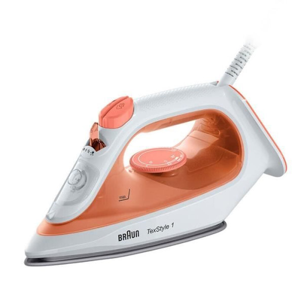 Braun TexStyle 1 SI 1009, dampstrygejern, non-stick strygesål, 1,9 m, 25 g/min, Orange, Hvid, 120 g/min.