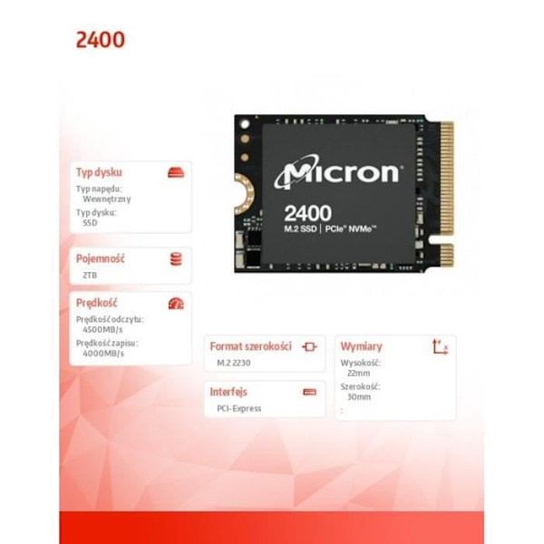Micron SSD-drev 2400 2TB NVMe M.2 22x30mm - 0649528935113