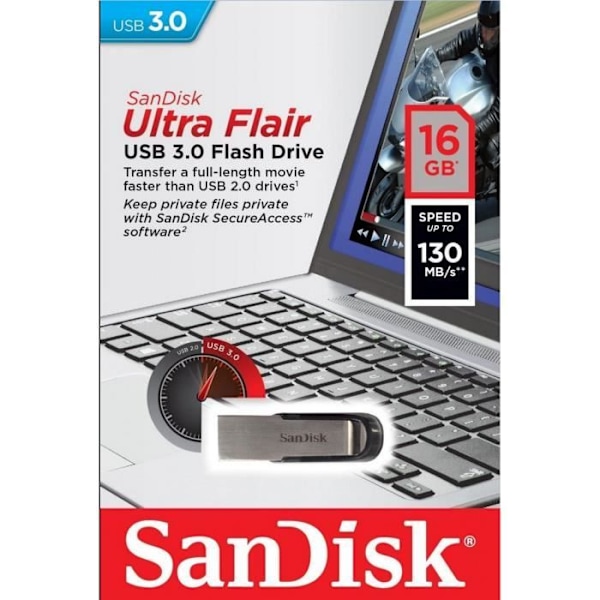 USB-avain - SANDISK - Ultra Flair - 16 Gt - USB 3.0 - Harmaa