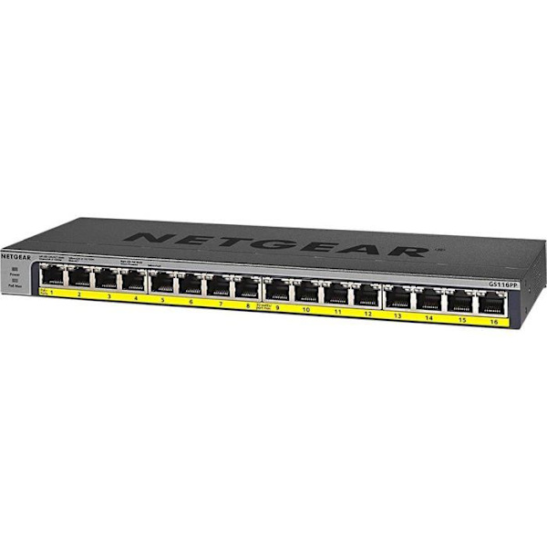 Ethernet-switch - NETGEAR - GS116PP - 16 portar - PoE+ - Väggmontering, Rackbar Svart