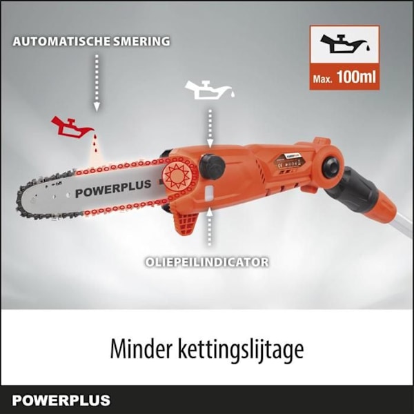 Powerplus Dual Power Teleskopisk Batteridrevet Kædesav POWDPG75385 - uden Batteri/oplader, 250 mm Guide, Automatisk Kædesmøring orange