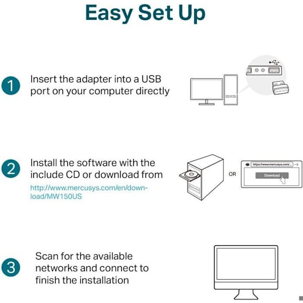 Nano N150 WiFi Key - MERCUSYS - MW150US - USB 2.0 - 2.4 GHz - Enkel installation