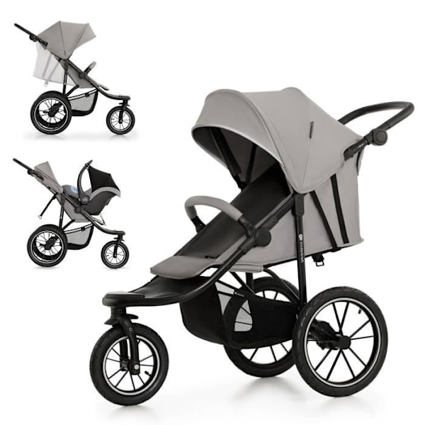 Kinderkraft HELSI 2, Juoksukärryt, Urheilukärryt, 3 Suurta Pyörää, Vastasyntyneestä 27 Kg:aan, Makuuasento, Harmaa