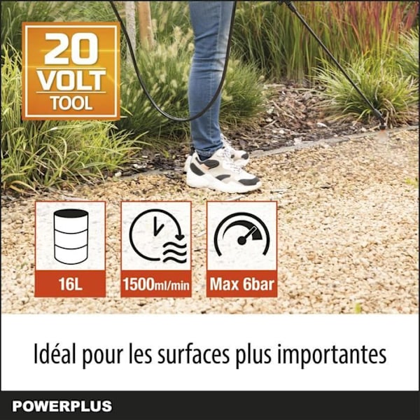 Powerplus Dual Power Batteridrevet Sprøjte POWDPG80460 - 20 V, Tryk på 6 Bar, Flow på 1500 ml/min, Kapacitet 16L, 4 Dysser orange