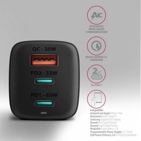 AXAGON ACU-DPQ65 Ladegrat, 2 x USB-C, 1 x USB-A, PD3.0/QC4+/PPS, 65 W musta - 8595247906113