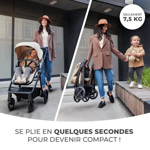 3 i 1 Kombineret Barnevogn - KINDERKRAFT NEWLY - med I-size Autostol - Rejsesystem - Let 7,5 kg - Sammenklappelig - Sort Sort og grå