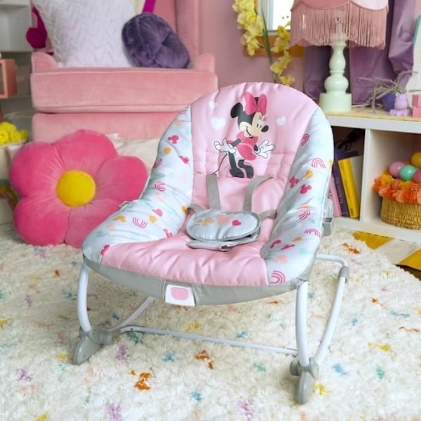 DISNEY BABY -MINIE- Bænk til baby med vippefunktion, 3-i-1 med 3 positioner og en bue med aftagelige Mickey bamse legetøj. lyserød