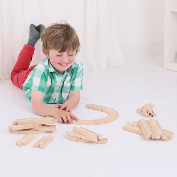 Puiset radan jatkosarjat - Bigjigs - 24 kpl - Suorat linjat ja käännökset Beige