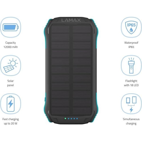Lamax Journey Bärbar solcells-laddare för utomhusbruk 12 000 mAh med 2 USB-A-portar och 1 USB-C-port, 18 LED, solpanel, vattentät