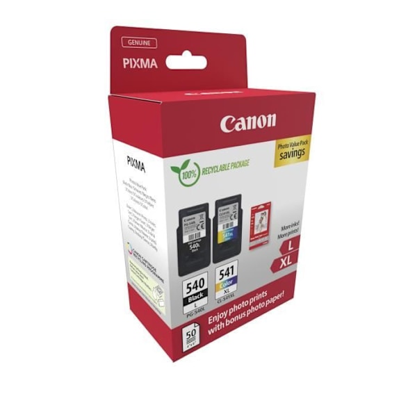 Pakke med 2 blækpatroner + fotopapirpakke - CANON - PG-540L Sort + CL-541XL Farve - Højtydende