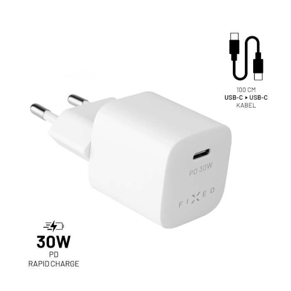FAST mininetværksoplader med USB-C-udgang og USB-C-USB-C kabelsæt, PD-understøttelse, 1 meter, 30W, hvid