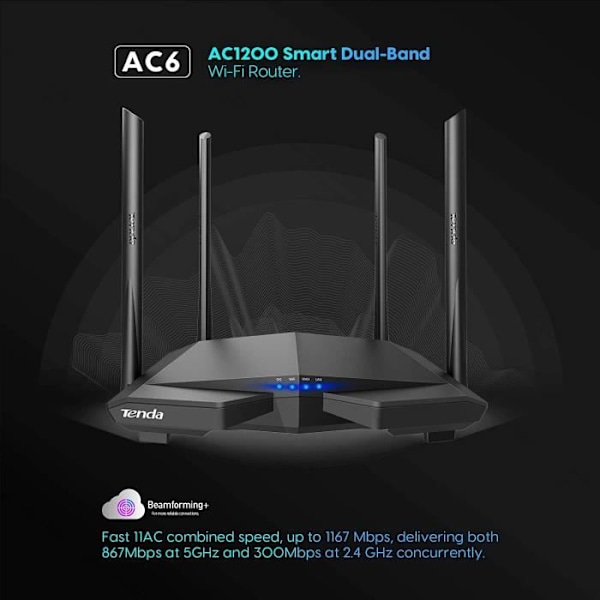 TENDA AC6 WiFi-reititin - Kaksikaistainen AC1200 - 4 porttia - 4 antennia - MU-MIMO