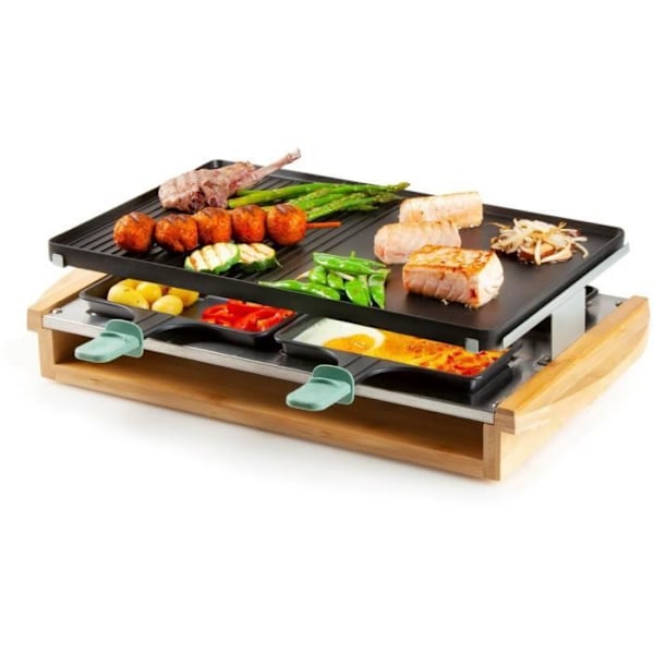 DOMO DO9246G - Bambus raclette-grillapparat - 1200W - 3 niveauer - 8 personer - Rustfrit stål modstand Bambus