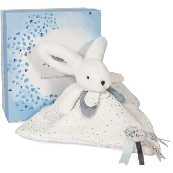 Doudou et Compagnie - Doudou Kanin - 25 cm - Hvid / Blå - Hvid Pompom Kanin - Gaveidé - Glad Glanset - Glad Doudou til dig