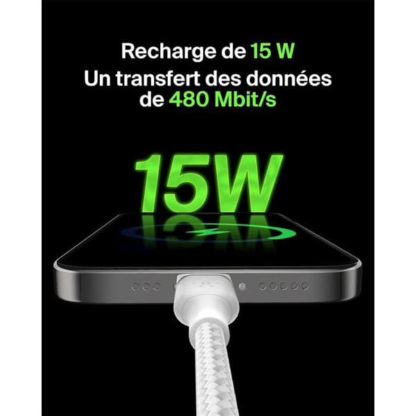 Flätad kabel - BELKIN - USB-C till USB-A - 1 m - Vit Vit
