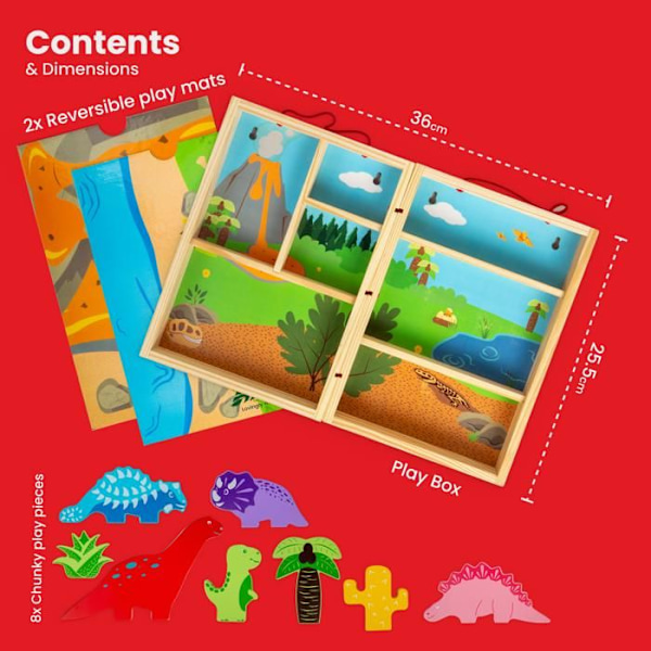 Bigjigs Toys Puinen dinosauruspelilaatikko, jossa on 5 dinosauruslelua ja 2 avautuvaa pelimattoa, lapsille alkaen 18 kuukauden iässä. Flerfarvet