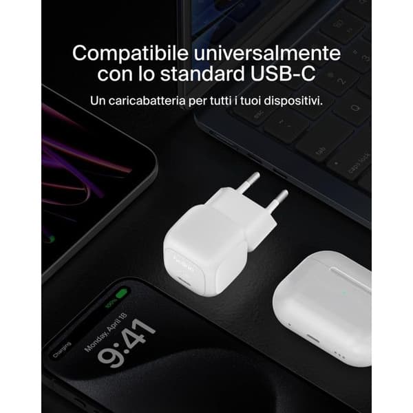 Belkin Väggladdare USB-C 20W kompakt snabbladdning vit Vit