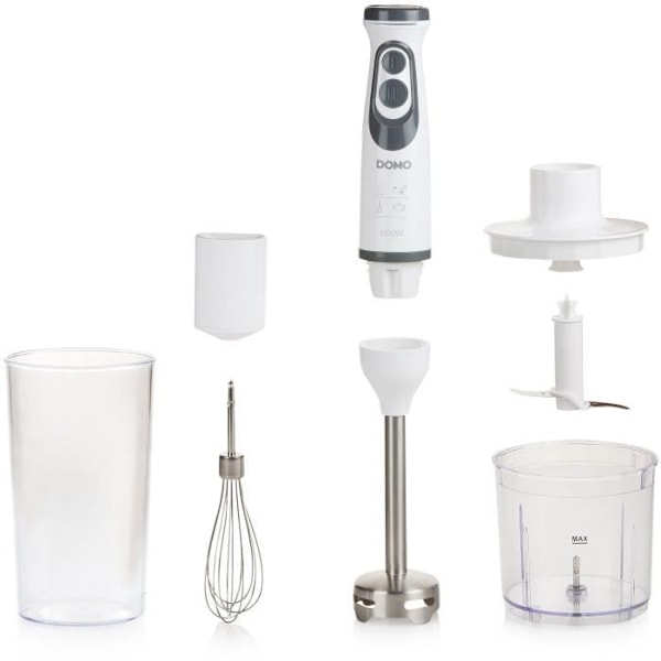 Mixerstav - DOMO - DO1089M - 600 W - Variabel hastighed + Turbo - Stavblender, pisker, hakker, målebæger - Hvid