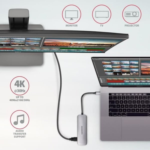 AXAGON HMC-HCR3A USB-Hub, 3X USB-A + HDMI + SD/microSD, USB-C 3.2 Gen 1, 20 cm USB-C-Kel - 8595247907011