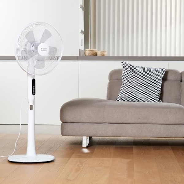 BLACK+DECKER BXBXEFP50E gulvventilator på 50W, 3 hastigheder, 3 tilstande, justerbar højde, berøringskontrol og fjernbetjening. valkoinen