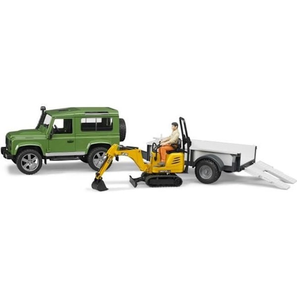 Land Rover Defender perävaunulla ja JCB-minikaivukoneella - BRUDER Grøn