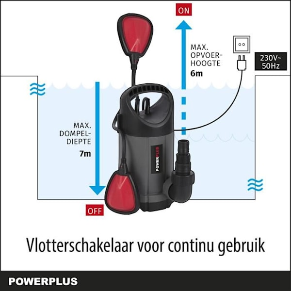 Powerplus Elektrisk Vandpumpe POWEW67902 - Nedsænket Vandpumpe på 250 W, Maksimal 35°C, 5000 l/h, Haveværktøj Grå - Sort