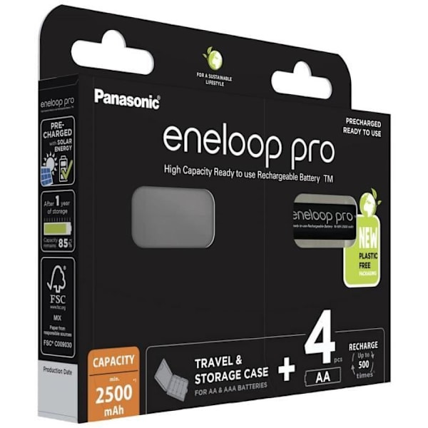 Genopladeligt batteri LR6 (AA) NiMH Panasonic eneloop pro HR06 +Box 2500 mAh 1,2 V 4 stk.