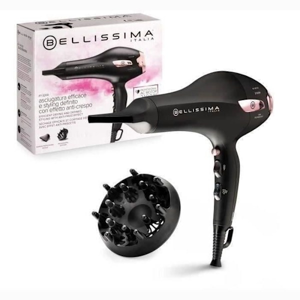 Hårtørrer - Bellissima - Professional Ionic Lightweight P7 3000 - Koncentrator + Diffuser - 3 hurtigtørrende temperaturer - 2100W Sort, Lyserød