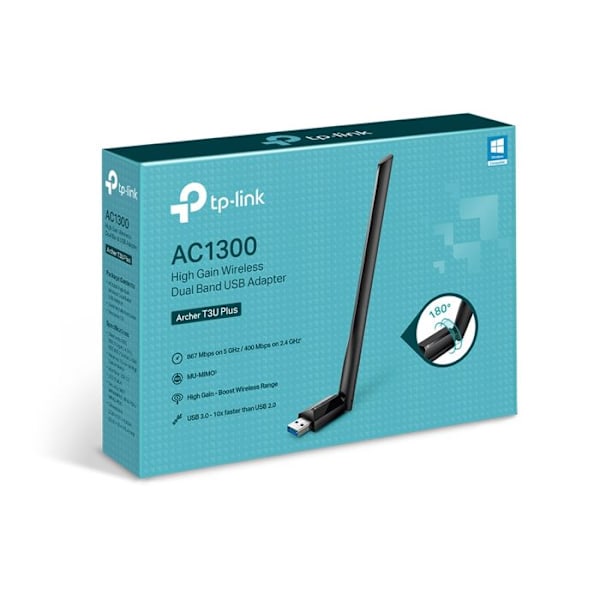 AC1300 Mbps WiFi Dongle - TP-Link Archer T3U Plus - 5dBi High Gain Antenn - Kompatibel med Windows och macOS Svart