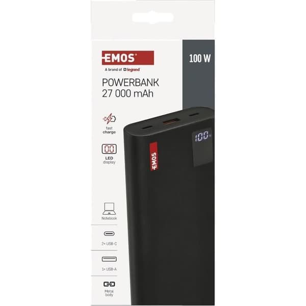 Extern Batteri - EMOS - NTBF30 - 27000 mAh - Snabbladdning 100 W - 2 USB-C/USB-A portar Svart