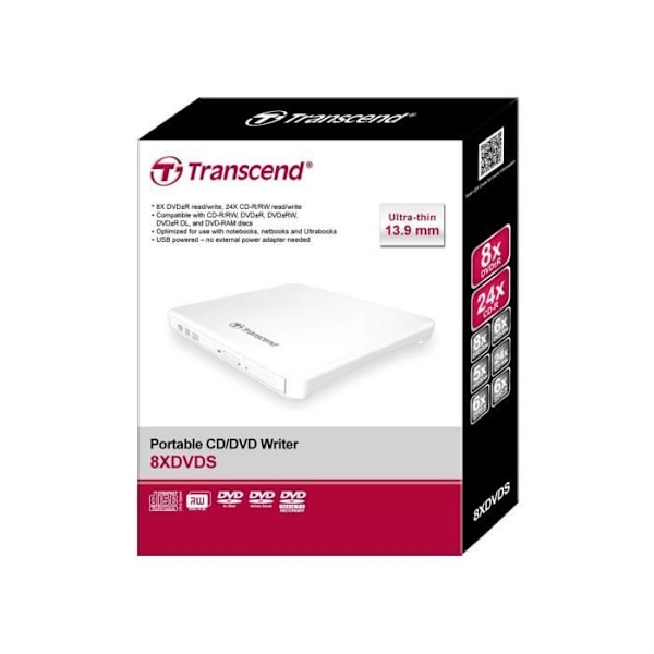 Ekstern DVD-brænder - Transcend - TS8XDVDS-W - USB - Hvid - Kompatibel med CD/DVD