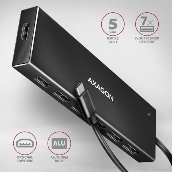 AXAGON HUE-F7A 7X USB 3.2 Gen 1 Aluminium Flad Hub, 30 cm USB-C-Kel - 8595247907042